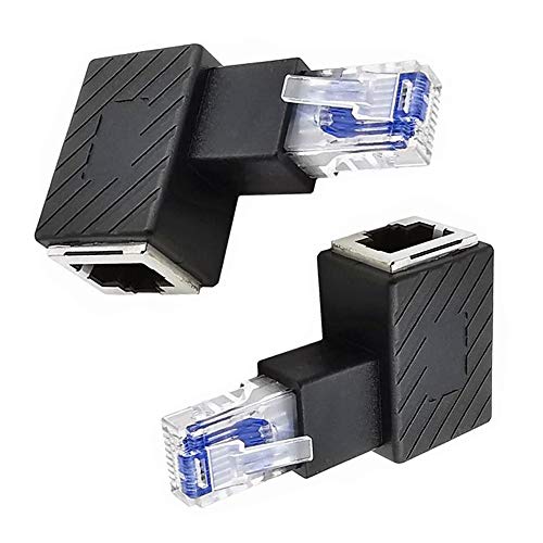 Kework 2 Pack Network RJ45 Extender, 90 Degree Right Angle Ethernet LAN RJ45 Male to Female Cable Extension Adapter Connector Coupler for Cat5 Cat5e - Image 1