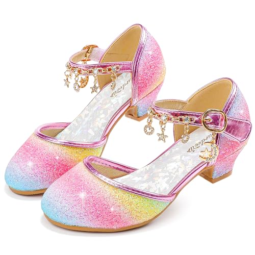 Furdeour Girls Sandals Princess Rainbow Little Kid Flower Girls Wedding High Heels Size 13(2902Rainbow 13) - Image 1