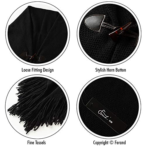 Ferand Women’s Loose Fitting Poncho Cape Shawl with Stylish Horn Buttons, V Neckline and V Hem, Black - Image 4
