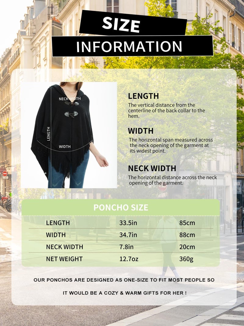Ferand Women’s Loose Fitting Poncho Cape Shawl with Stylish Horn Buttons, V Neckline and V Hem, Black - Image 5