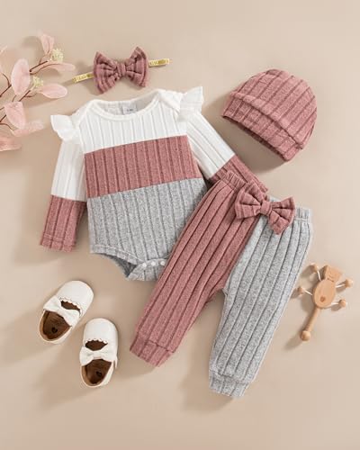 Mioglrie Newborn Girl Clothes 0-3 Months Baby Girl Clothes Infant Fall Winter Outfits Color Block Pink Pants Set 4Pcs Baby Girls Clothing Set with Headband - Image 4