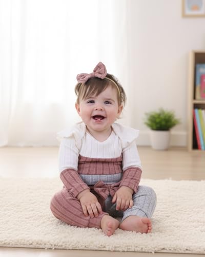 Mioglrie Newborn Girl Clothes 0-3 Months Baby Girl Clothes Infant Fall Winter Outfits Color Block Pink Pants Set 4Pcs Baby Girls Clothing Set with Headband - Image 3