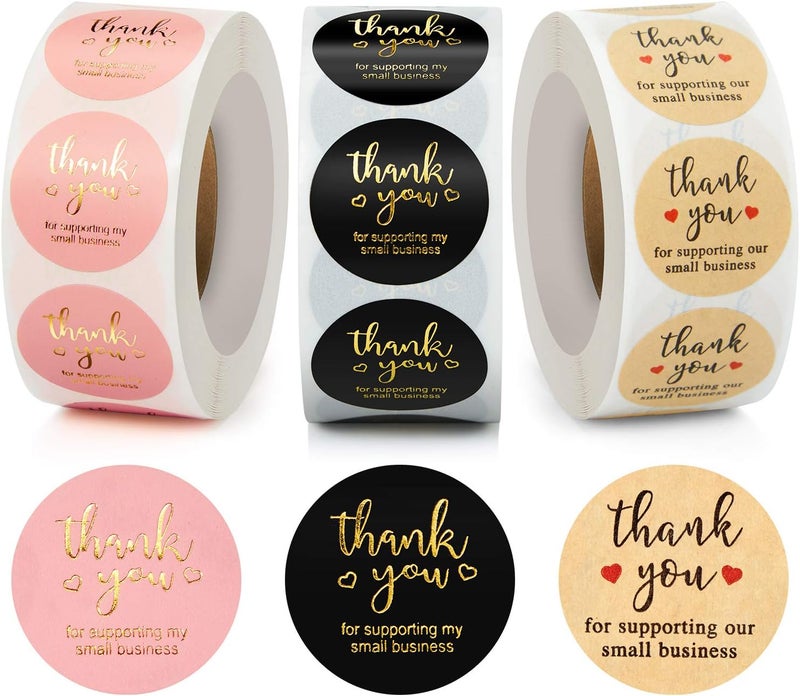 klarako 3 Rolls Thank You Stickers Labels Seals Thank You for Supporting My Small Business Stickers Roll, Round Kraft Stickers Thank You Purchase Stickers with Gold Foil (Pink Black Brown, 1 Inch) - Image 1