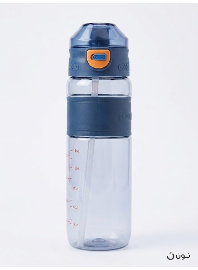 Clear sports water bottle with a capacity of over 400ml - navy blue (dark blue) color with an internal straw, safety lock lid, and non-slip silicone strip, suitable for the gym, sports, and office.