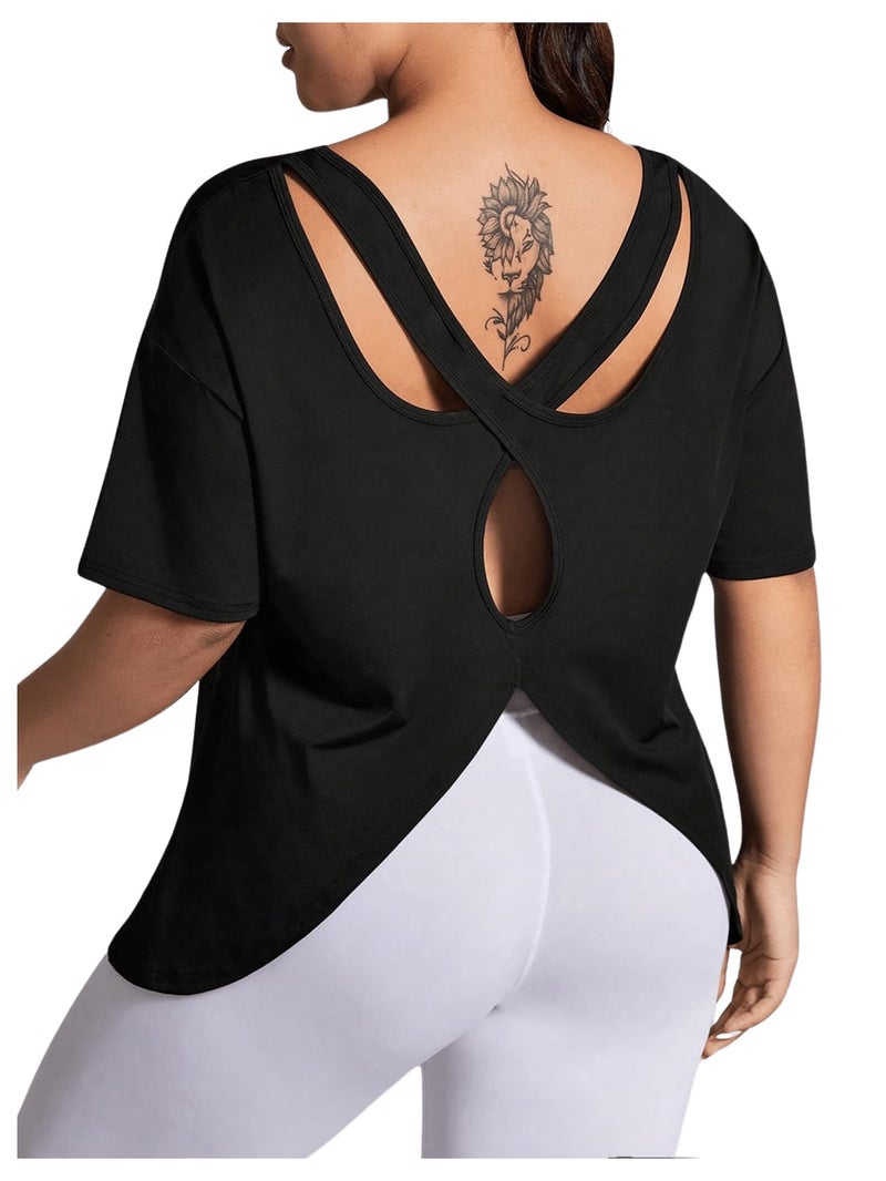 OYOANGLE Women's Plus Size Open Back Workout Tops Short Sleeve Criss Cross T-Shirts Athletic Gym Tee Top Black 3X-Large Plus - Image 1