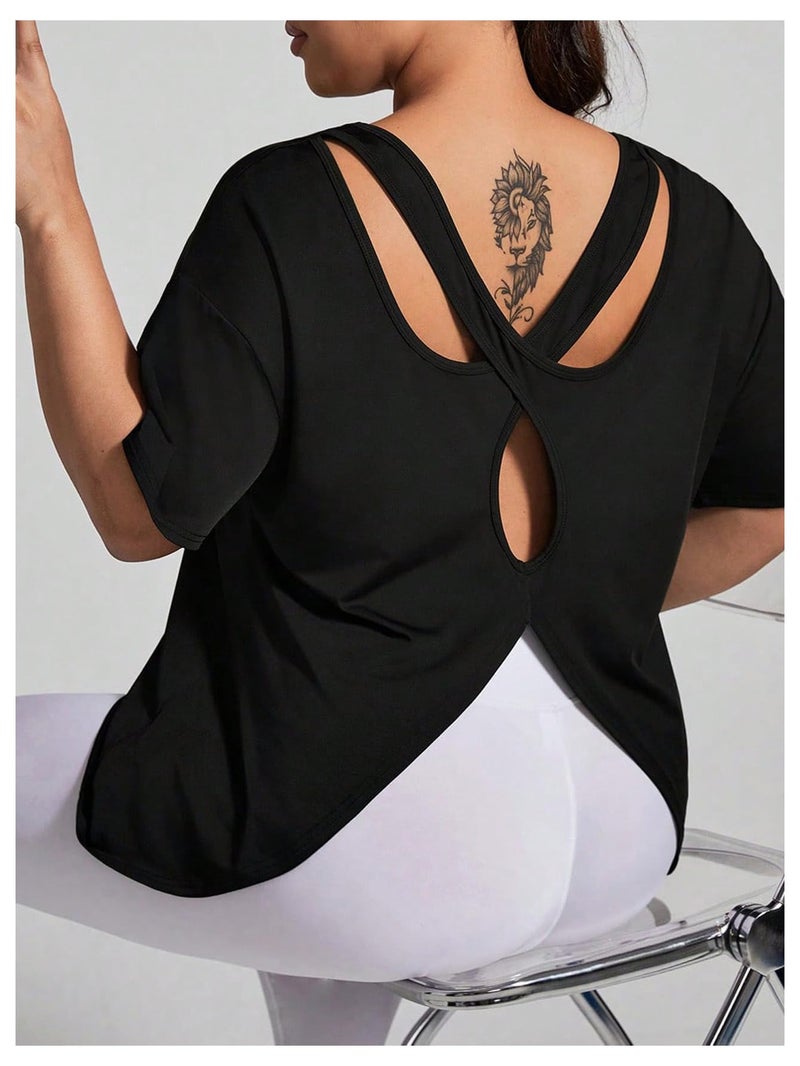 OYOANGLE Women's Plus Size Open Back Workout Tops Short Sleeve Criss Cross T-Shirts Athletic Gym Tee Top Black 3X-Large Plus - Image 2