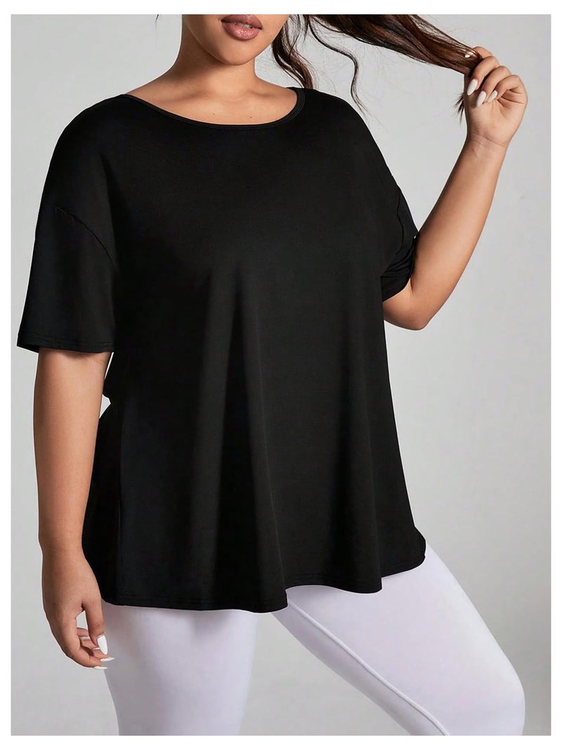 OYOANGLE Women's Plus Size Open Back Workout Tops Short Sleeve Criss Cross T-Shirts Athletic Gym Tee Top Black 3X-Large Plus - Image 5