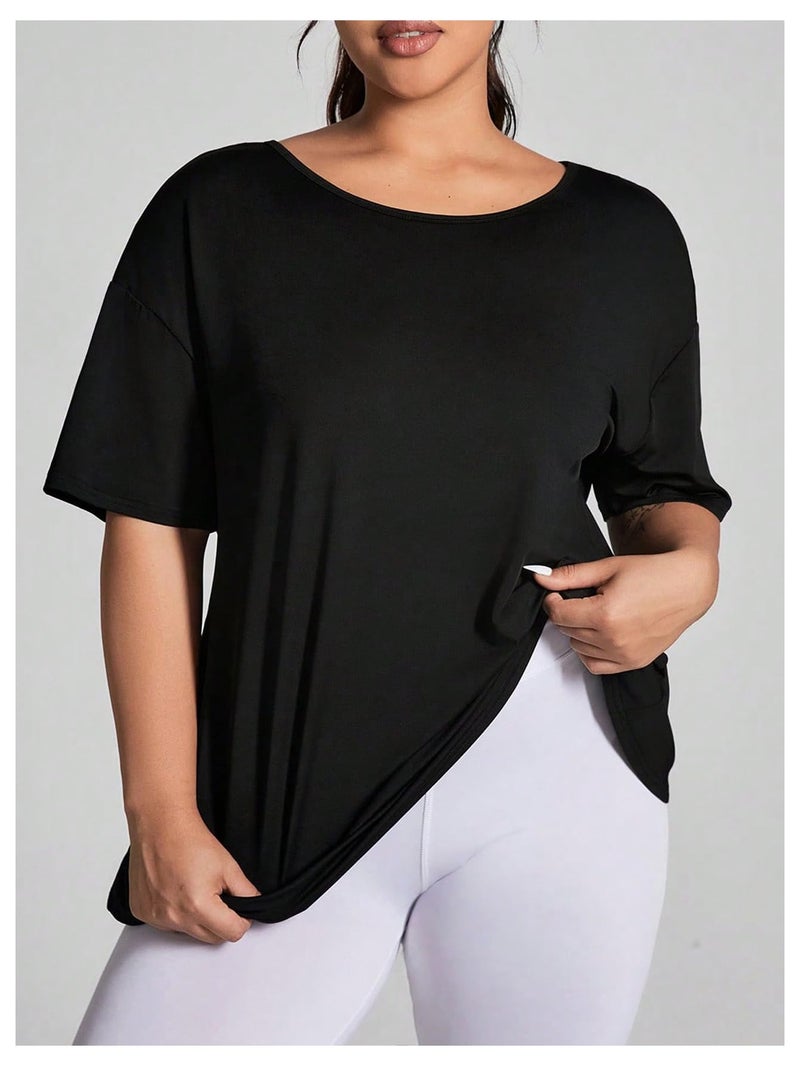 OYOANGLE Women's Plus Size Open Back Workout Tops Short Sleeve Criss Cross T-Shirts Athletic Gym Tee Top Black 3X-Large Plus - Image 4