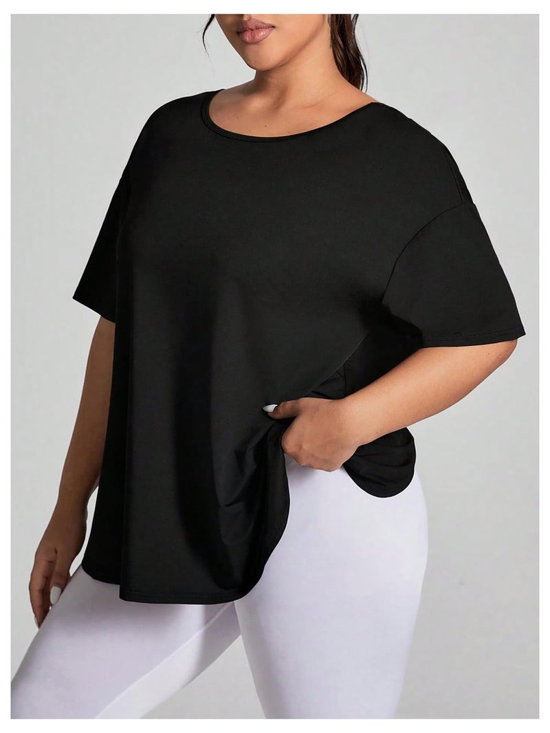 OYOANGLE Women's Plus Size Open Back Workout Tops Short Sleeve Criss Cross T-Shirts Athletic Gym Tee Top Black 3X-Large Plus - Image 3