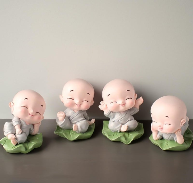 HC VILLA Little Baby Monk Buddha Set of 4 | Miniature Buddha Statues for Home Decor, Car Dashboard, Office & Gift | Peaceful Laughing Buddha Figurines Decorative Showpiece - Image 1