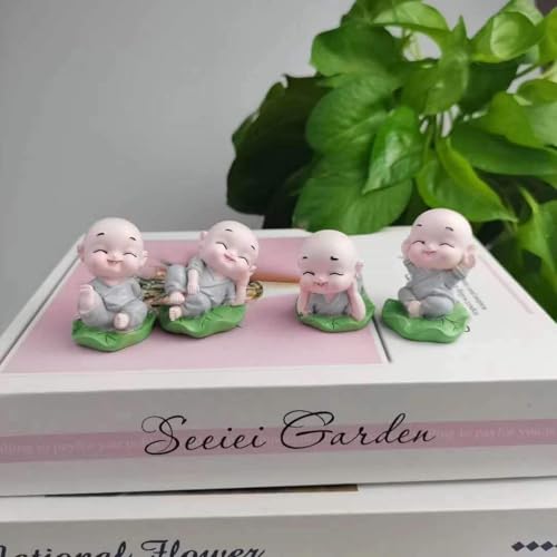 HC VILLA Little Baby Monk Buddha Set of 4 | Miniature Buddha Statues for Home Decor, Car Dashboard, Office & Gift | Peaceful Laughing Buddha Figurines Decorative Showpiece - Image 2