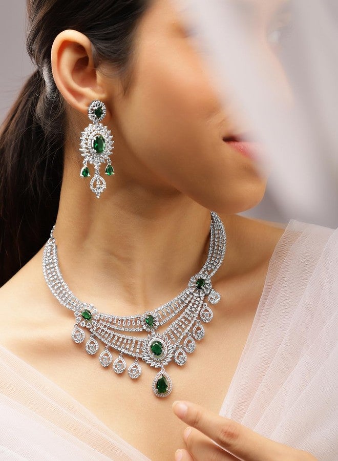 Rubans Rhodium-Plated Emerald Green & White Cubic Zirconia Studded Layered Choker Jewellery Set - Image 2