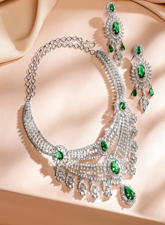 Rubans Rhodium-Plated Emerald Green & White Cubic Zirconia Studded Layered Choker Jewellery Set - Image 4