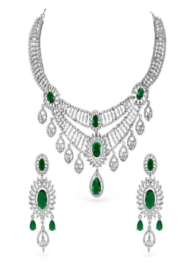 Rubans Rhodium-Plated Emerald Green & White Cubic Zirconia Studded Layered Choker Jewellery Set - Image 1