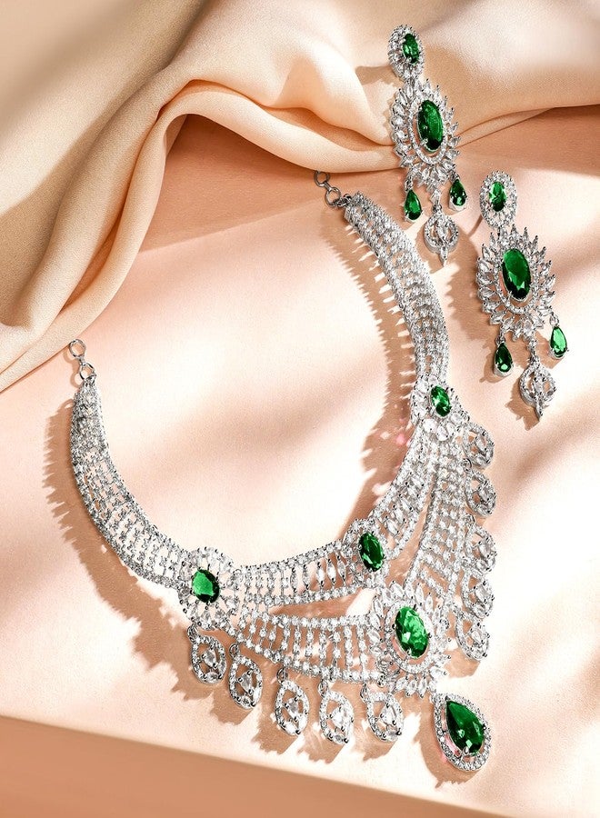 Rubans Rhodium-Plated Emerald Green & White Cubic Zirconia Studded Layered Choker Jewellery Set - Image 3
