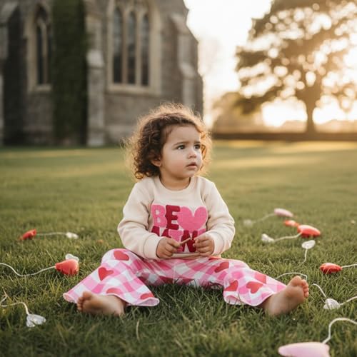 BemeyourBBs Toddler Girl Valentines Outfit Baby Girl Crewneck Sweatshirt Top Flared Pants Set 2 Piece Spring Clothes (Be Mine Apricot, 6-12 Months) - Image 3