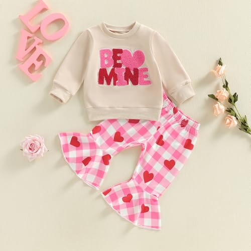 BemeyourBBs Toddler Girl Valentines Outfit Baby Girl Crewneck Sweatshirt Top Flared Pants Set 2 Piece Spring Clothes (Be Mine Apricot, 6-12 Months) - Image 4