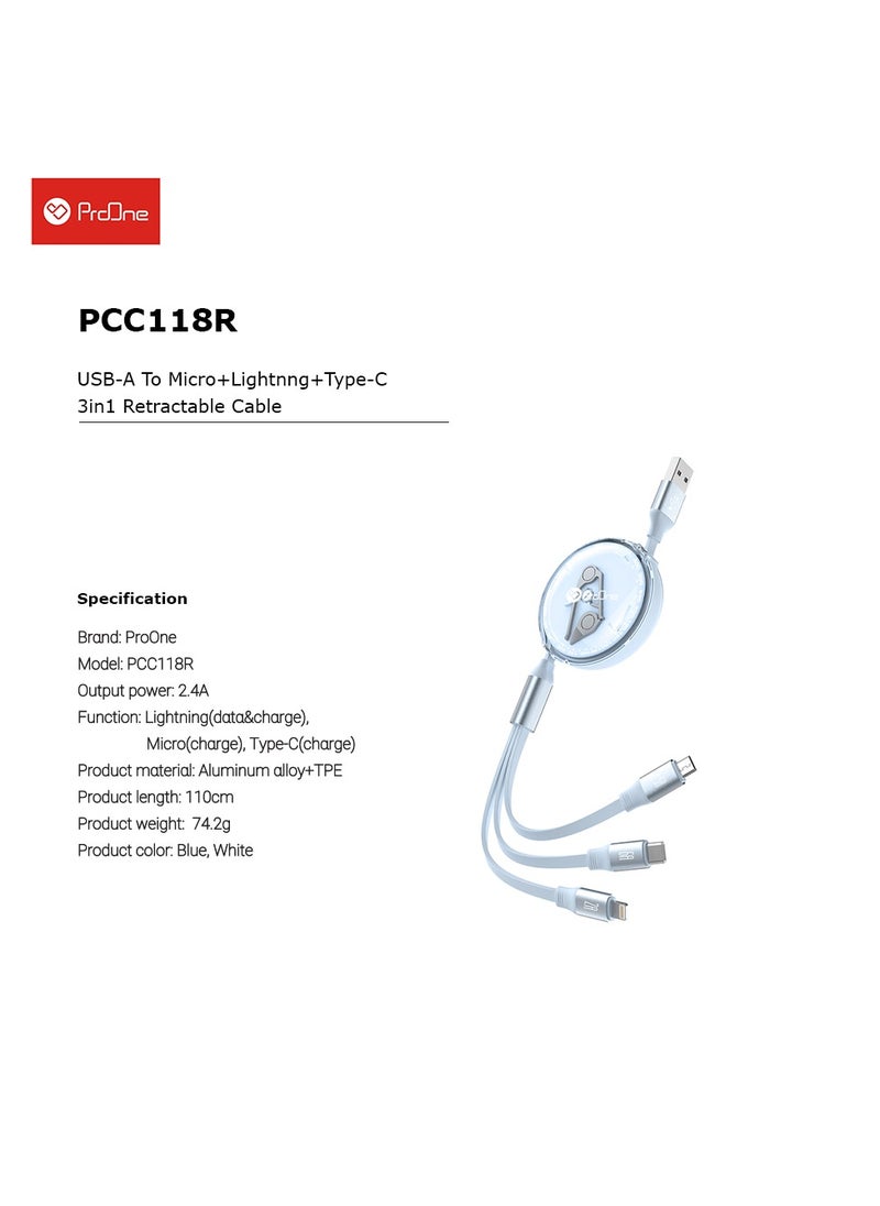 ProOne - "ProOne 3-in-1 Retractable Charging Cable - Lighttning, Micro USB, Type-C - Fast Charge 2.4A, Tangle-Free, Aluminum Alloy & TPE (White, 110CM) - Image 1