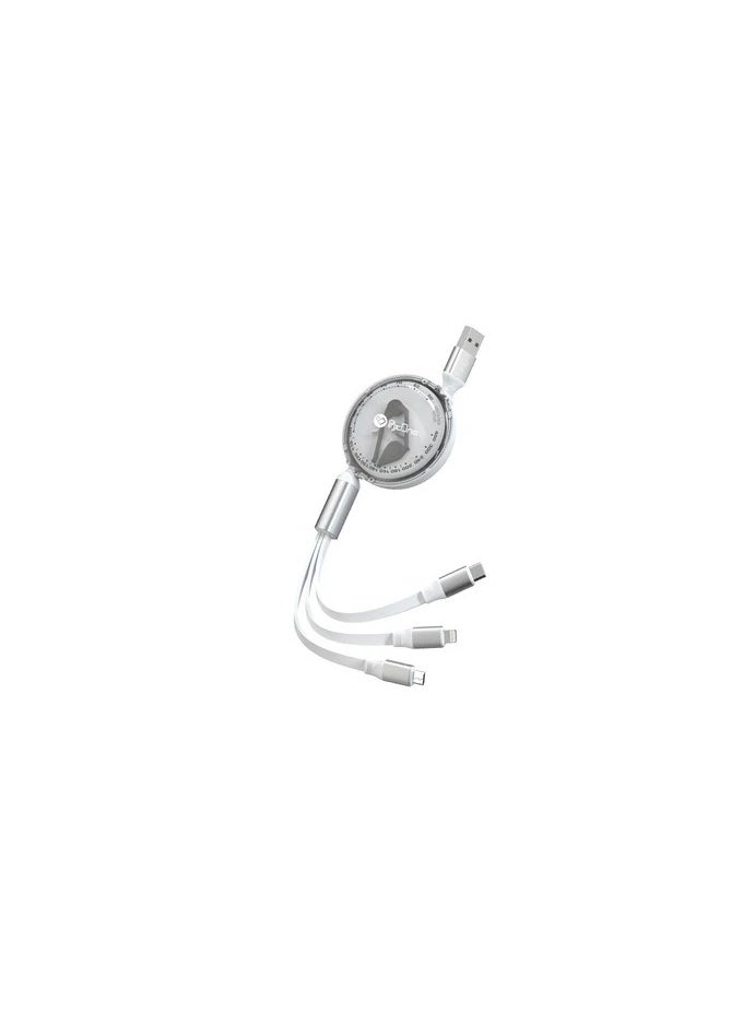 ProOne - "ProOne 3-in-1 Retractable Charging Cable - Lighttning, Micro USB, Type-C - Fast Charge 2.4A, Tangle-Free, Aluminum Alloy & TPE (White, 110CM) - Image 1