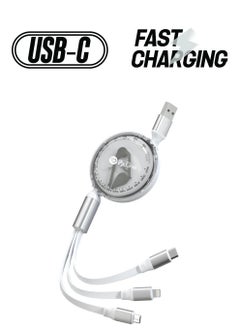 ProOne "ProOne 3-in-1 Retractable Charging Cable - Lighttning, Micro USB, Type-C - Fast Charge 2.4A, Tangle-Free, Aluminum Alloy & TPE (White, 110CM)  - Image 1