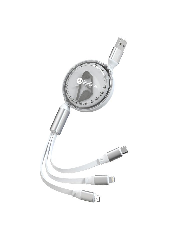 ProOne - "ProOne 3-in-1 Retractable Charging Cable - Lighttning, Micro USB, Type-C - Fast Charge 2.4A, Tangle-Free, Aluminum Alloy & TPE (White, 110CM) - Image 1