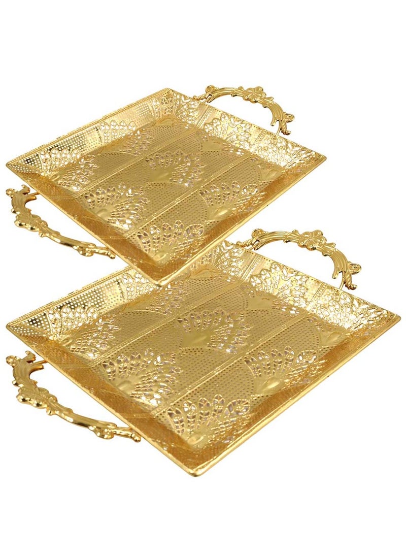 صينية تقديم معدنية فاخرة مطلية بالذهب بمقابض مزخرفة | صينية مربعة أنيقة مزخرفة للمنزل والمناسبات - Image 1