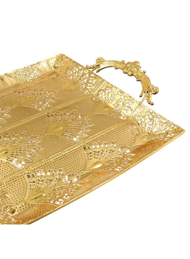 صينية تقديم معدنية فاخرة مطلية بالذهب بمقابض مزخرفة | صينية مربعة أنيقة مزخرفة للمنزل والمناسبات - Image 3