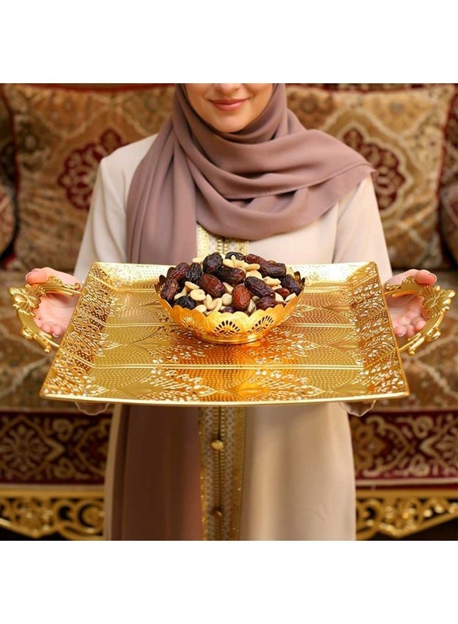 صينية تقديم معدنية فاخرة مطلية بالذهب بمقابض مزخرفة | صينية مربعة أنيقة مزخرفة للمنزل والمناسبات - Image 4
