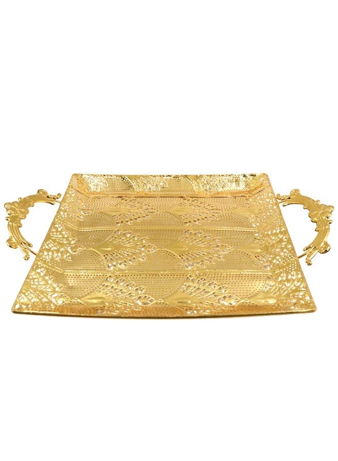 صينية تقديم معدنية فاخرة مطلية بالذهب بمقابض مزخرفة | صينية مربعة أنيقة مزخرفة للمنزل والمناسبات - Image 2