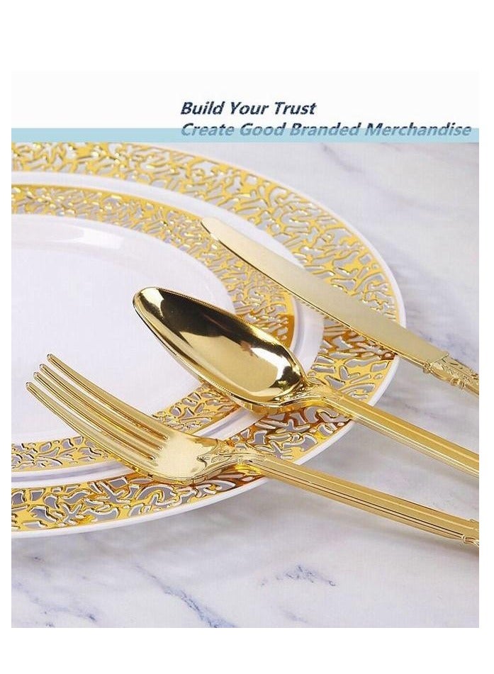 Cutlery Set 175 Pcs Upscale Wedding Dining Party Disposable Plastic Hollow-carved Party Dinnerware Supplies Plate Spoon Fork Knife Cup Tissue Party Tableware Suitable 25 Guests (Gold） - Image 3