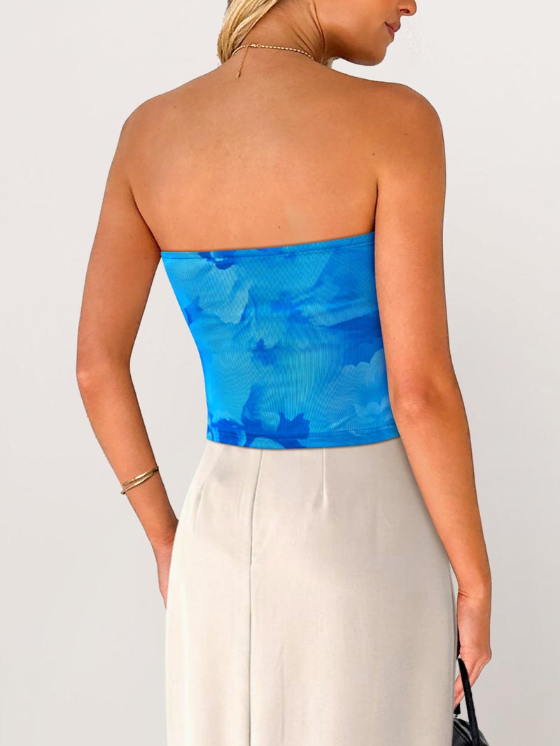 MASCOMODA Women Floral Tube Top Summer 2026 Cute Strapless Crop Mesh Going Out Tops Y2K Ruched Bandeau Beach Vacation Clothes(Blue,Small) - Image 5