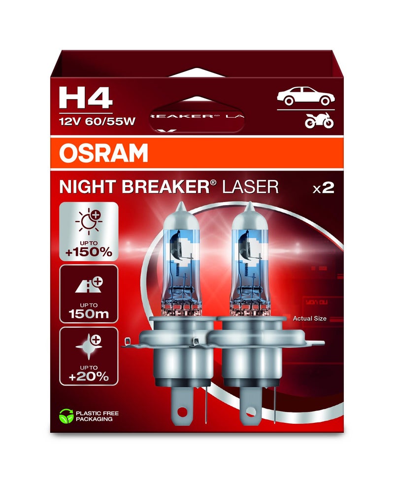 OSRAM Night Breaker Laser H4, 150% More Brightness, Halogen Headlight Bulb, 64193NL-2HB, 12 V Car, Hanging Box (2 Lamps), White - Image 1