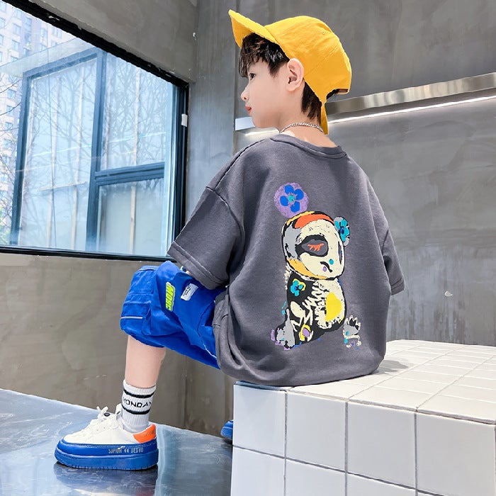 Boys' Short-sleeved T-shirt Pure Cotton Mid-large Children's Summer 2025 New Fashionable Brand Summer Boys White Half-sleeved Children's Wear - Image 1