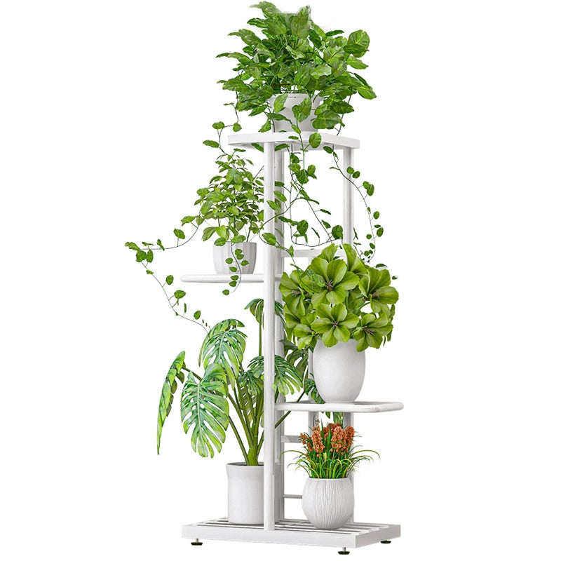 LINZINAR Plant Stand Indoor Outdoor Metal 4 Tier 5 Potted Multiple Flower Pot Holder Shelf Planter Display Shelving Unit for Patio Garden Corner Balcony Living Room (4 Tier 5 Potted, White) - Image 1