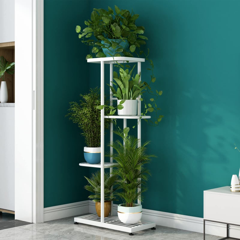LINZINAR Plant Stand Indoor Outdoor Metal 4 Tier 5 Potted Multiple Flower Pot Holder Shelf Planter Display Shelving Unit for Patio Garden Corner Balcony Living Room (4 Tier 5 Potted, White) - Image 2
