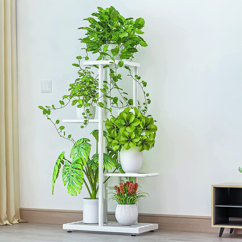LINZINAR Plant Stand Indoor Outdoor Metal 4 Tier 5 Potted Multiple Flower Pot Holder Shelf Planter Display Shelving Unit for Patio Garden Corner Balcony Living Room (4 Tier 5 Potted, White) - Image 3