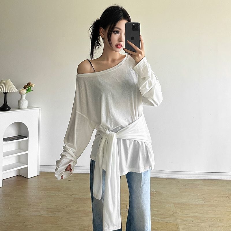 Lihuohuo Lazy Style Retro Slant Collar Shoulder Long-Sleeved T-Shirt Women'S Lace-Up Slimming All-Match Fake Two-Piece Top Autumn - Image 2
