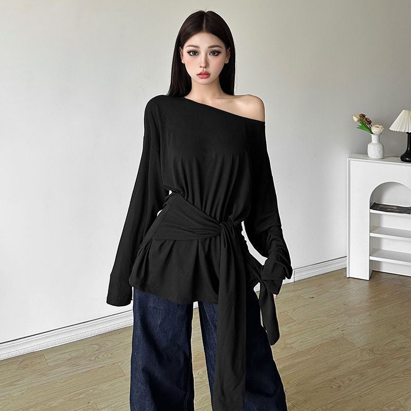 Lihuohuo Lazy Style Retro Slant Collar Shoulder Long-Sleeved T-Shirt Women'S Lace-Up Slimming All-Match Fake Two-Piece Top Autumn - Image 5