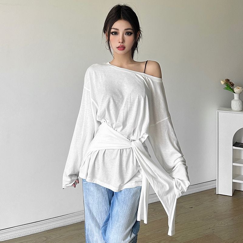 Lihuohuo Lazy Style Retro Slant Collar Shoulder Long-Sleeved T-Shirt Women'S Lace-Up Slimming All-Match Fake Two-Piece Top Autumn - Image 4