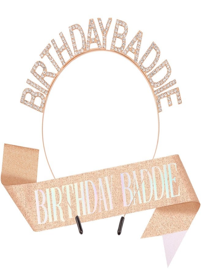 Canitor Birthday Baddie Sash Crown Set Birthday Party Favors Supplies Decorations & Accessories for Women Girl Men Adult Rhinestone Tiara Headband Soft Satin Sash - Image 1
