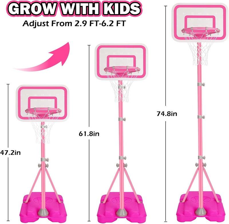 Tsomtto Toddler Basketball Hoop for Girls Pink Basketball Goals Adjustable Height 2.9ft-6.2ft Portable Kids Basketball Hoop Indoor Outdoor Play Outside Backyard Toys for 3 4 5 6 Year Old Girl Birthday Gift - Image 3