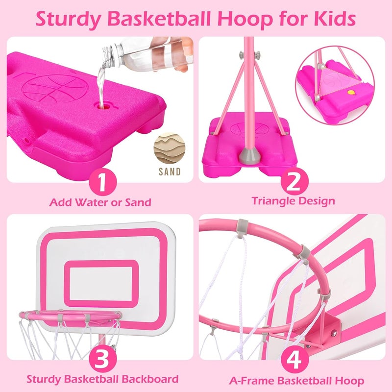 Tsomtto Toddler Basketball Hoop for Girls Pink Basketball Goals Adjustable Height 2.9ft-6.2ft Portable Kids Basketball Hoop Indoor Outdoor Play Outside Backyard Toys for 3 4 5 6 Year Old Girl Birthday Gift - Image 5