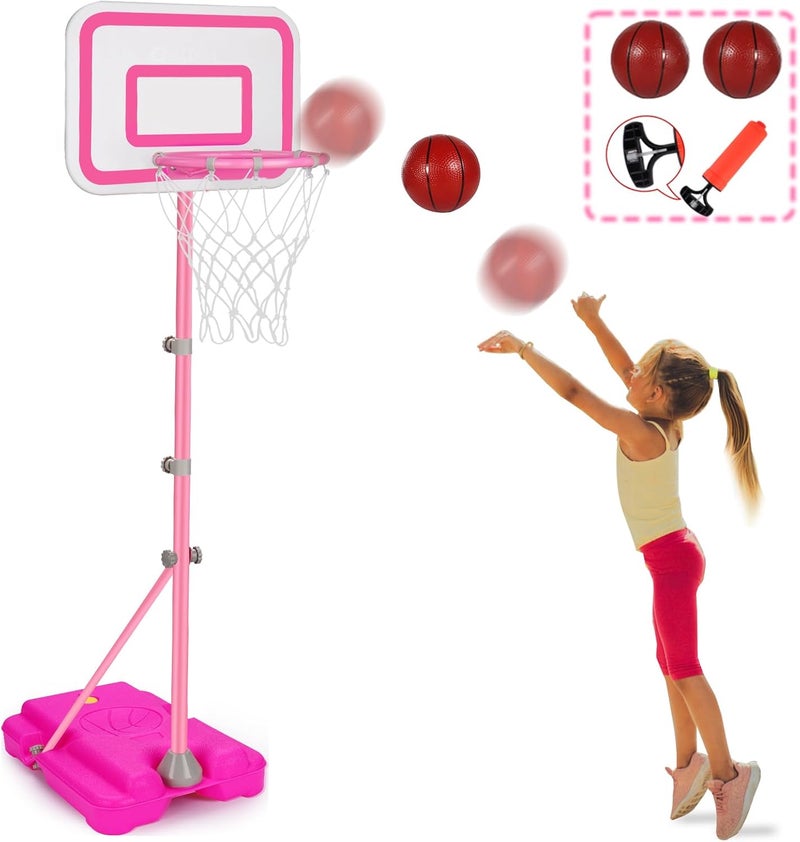 Tsomtto Toddler Basketball Hoop for Girls Pink Basketball Goals Adjustable Height 2.9ft-6.2ft Portable Kids Basketball Hoop Indoor Outdoor Play Outside Backyard Toys for 3 4 5 6 Year Old Girl Birthday Gift - Image 1