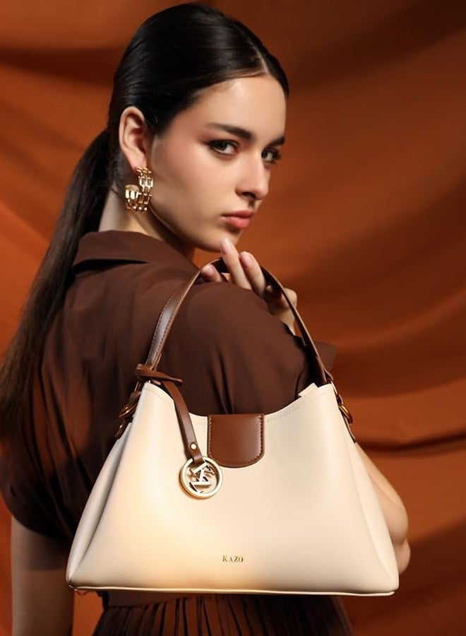Kazo Bag Off White Brown Structured Shoulder Handbag | Premium Faux Leather Purse - Image 3