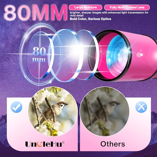 UncleHu Telescope for Adults High Powered, 80mm Aperture 600mm Telescopes for Astronomy Adults&Kids&Beginners, Portable Travel Refractor Telescope with Tripod&Phone Adapter&Bag for Ground&Moon Viewing, Pink - Image 2