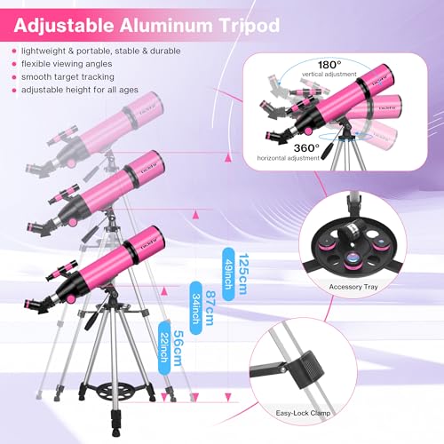 UncleHu Telescope for Adults High Powered, 80mm Aperture 600mm Telescopes for Astronomy Adults&Kids&Beginners, Portable Travel Refractor Telescope with Tripod&Phone Adapter&Bag for Ground&Moon Viewing, Pink - Image 5