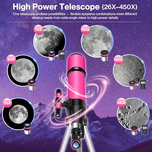 UncleHu Telescope for Adults High Powered, 80mm Aperture 600mm Telescopes for Astronomy Adults&Kids&Beginners, Portable Travel Refractor Telescope with Tripod&Phone Adapter&Bag for Ground&Moon Viewing, Pink - Image 3