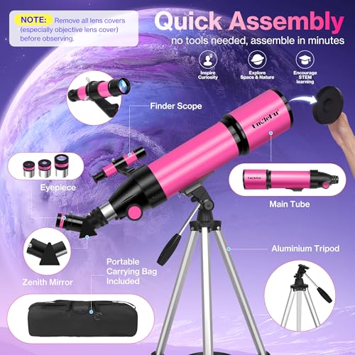 UncleHu Telescope for Adults High Powered, 80mm Aperture 600mm Telescopes for Astronomy Adults&Kids&Beginners, Portable Travel Refractor Telescope with Tripod&Phone Adapter&Bag for Ground&Moon Viewing, Pink - Image 4