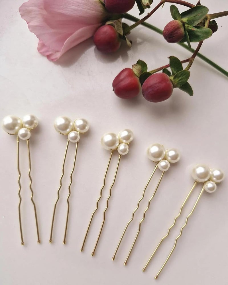 ZAVVU KRIZOUS ZAVVU KRIZOUS Elegant Pearl Hair Pins for Women Gold UShaped Bridal Hair Accessories Set of 5 Handmade Bobby Pins for Wedding Prom or Special Occasion Updo Styling Gold  - Image 1