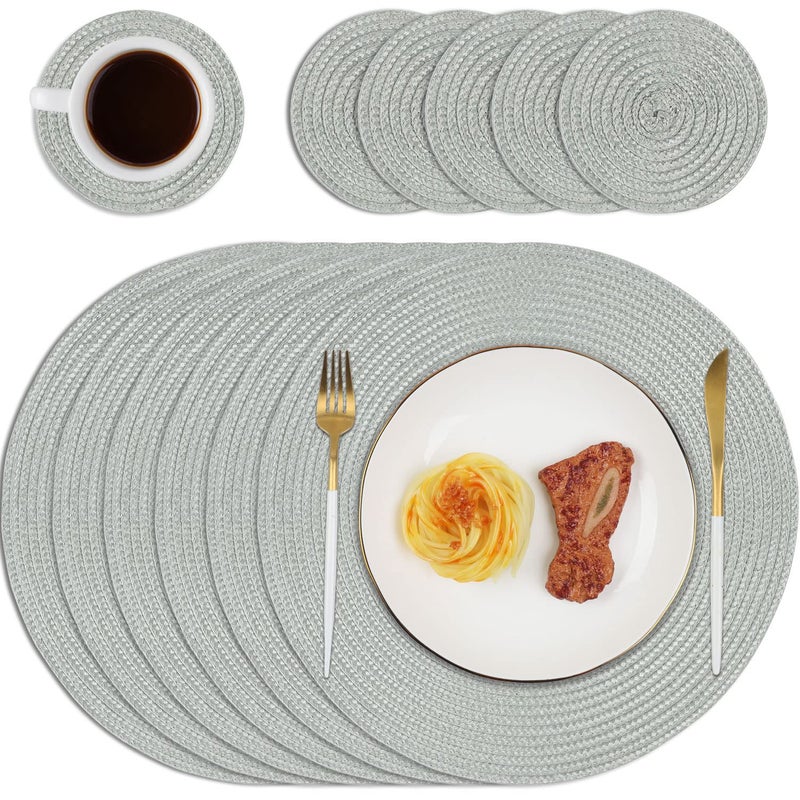 Homcomodar Round Placemats and Coasters Set of 6 Braided Woven Table Place Mats for Dining TableGrey
